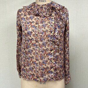Vintage 1980s Sheer Floral Striped Ruffle Button Up Blouse Medium